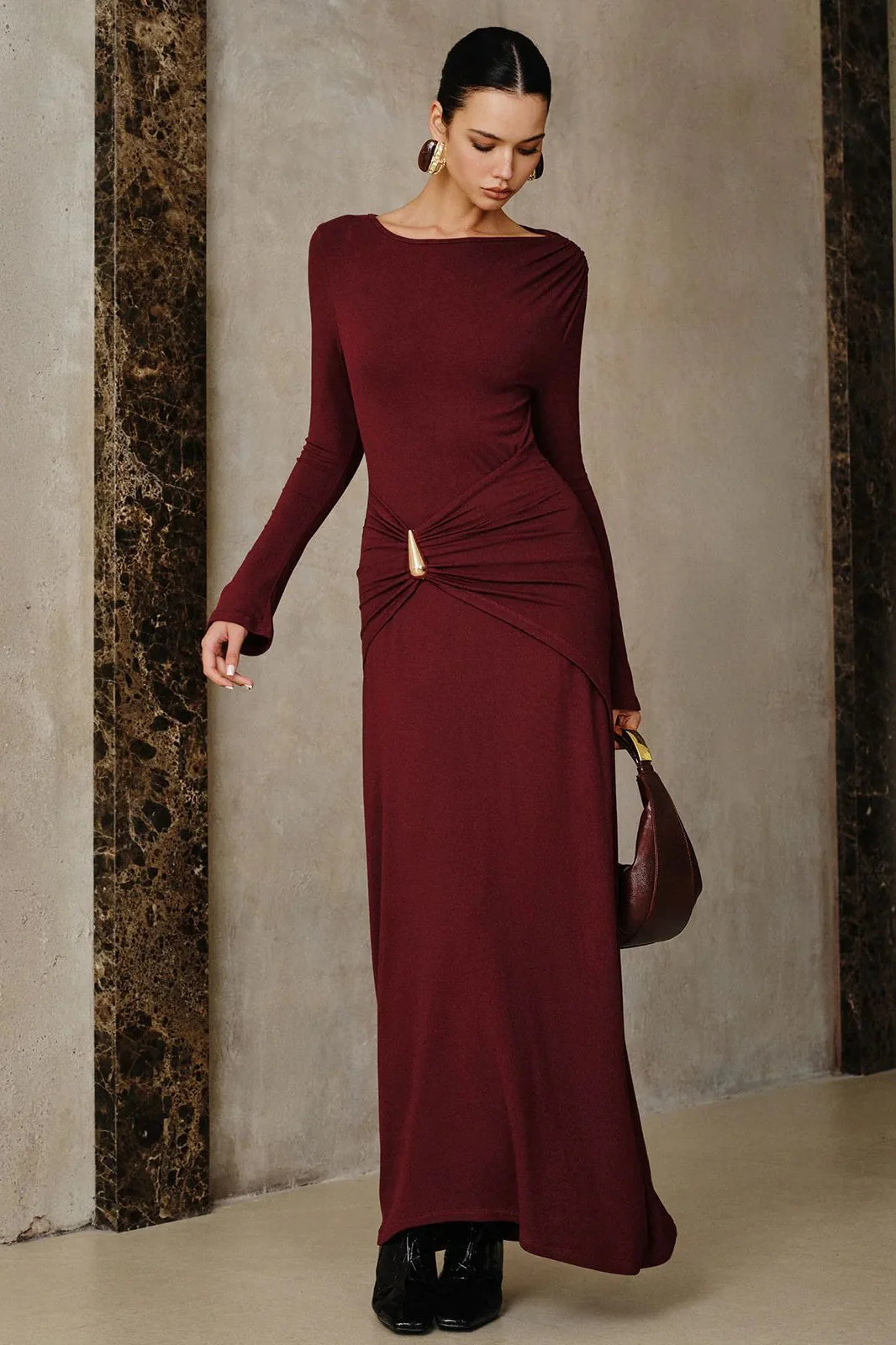 Metal Accents Ruched Fitted Waist Slim Maxi Dress - Image 2