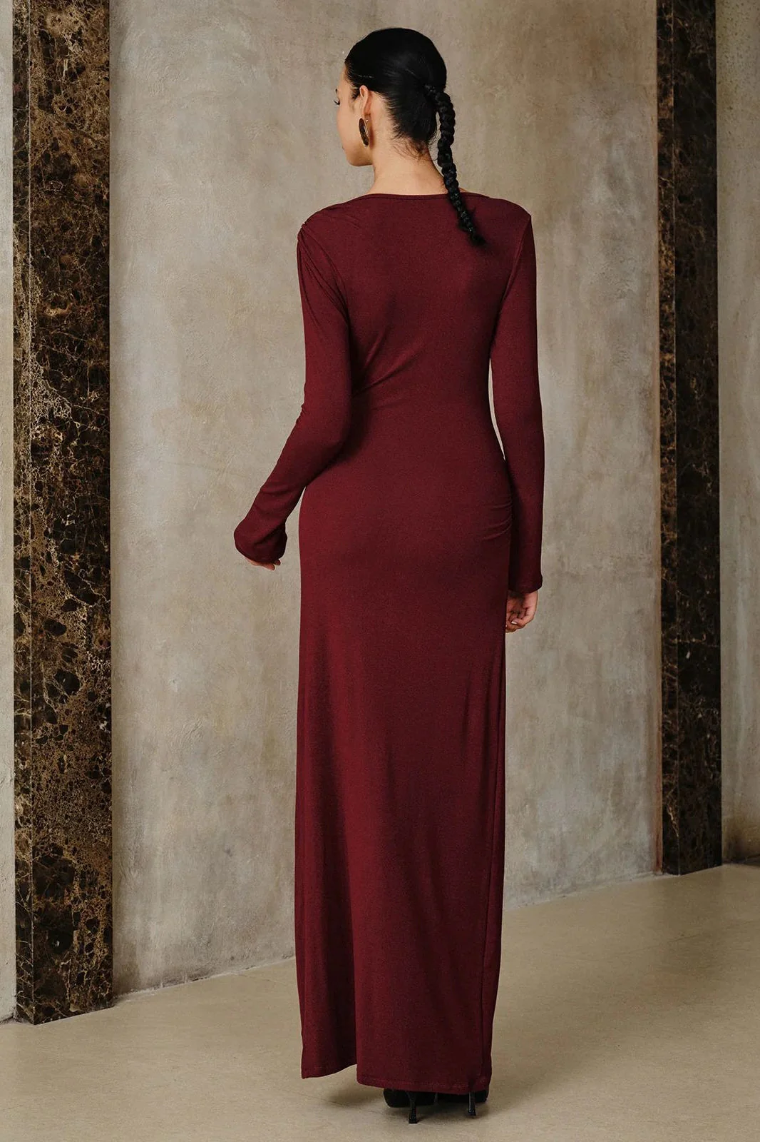Metal Accents Ruched Fitted Waist Slim Maxi Dress - Image 3