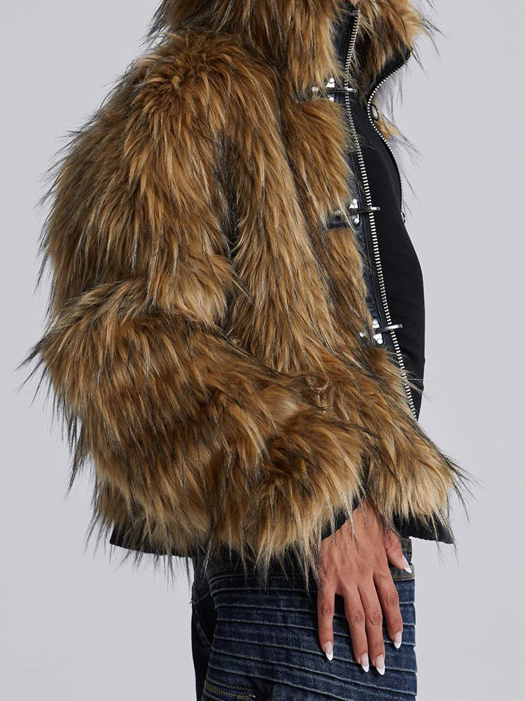 Metal Button Zipper Fur Leather Panel Loose Coat - Image 3