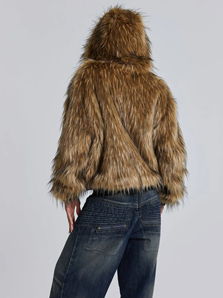 Metal Button Zipper Fur Leather Panel Loose Coat - Image 4