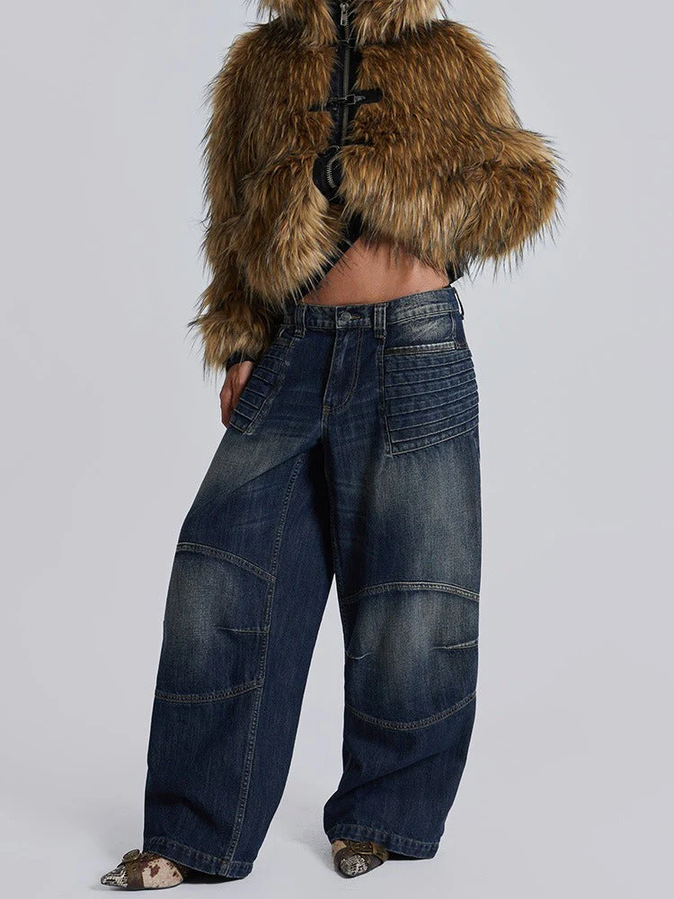 Metal Button Zipper Fur Leather Panel Loose Coat - Image 5