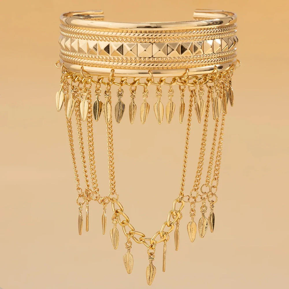 Metal Leaf Coin Tassel Open Bracelet - Image 3