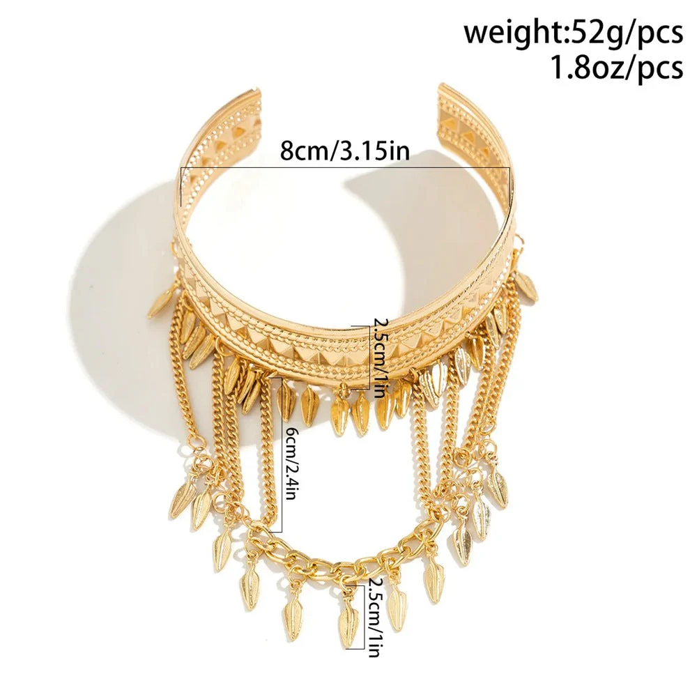 Metal Leaf Coin Tassel Open Bracelet - Image 4