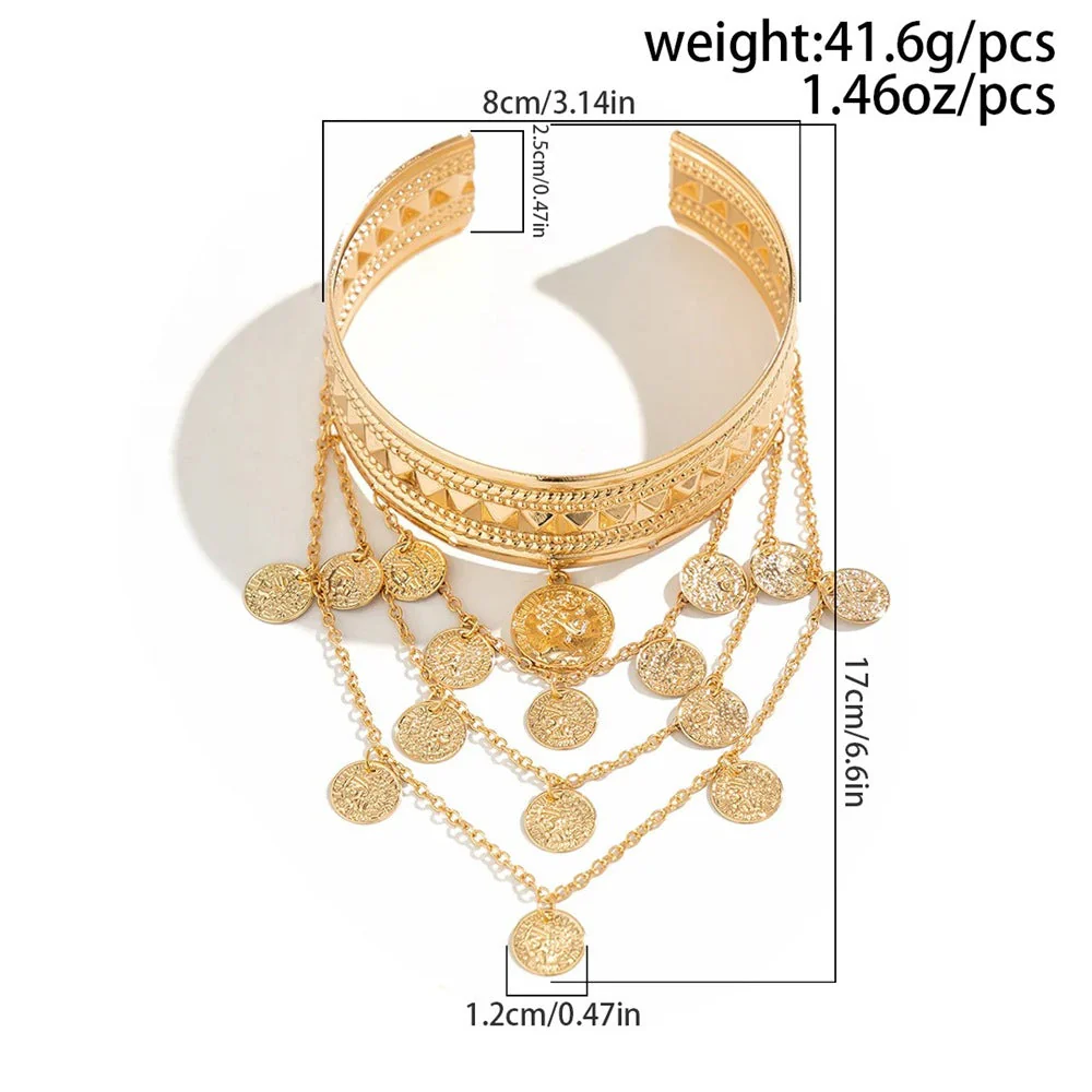 Metal Leaf Coin Tassel Open Bracelet - Image 6