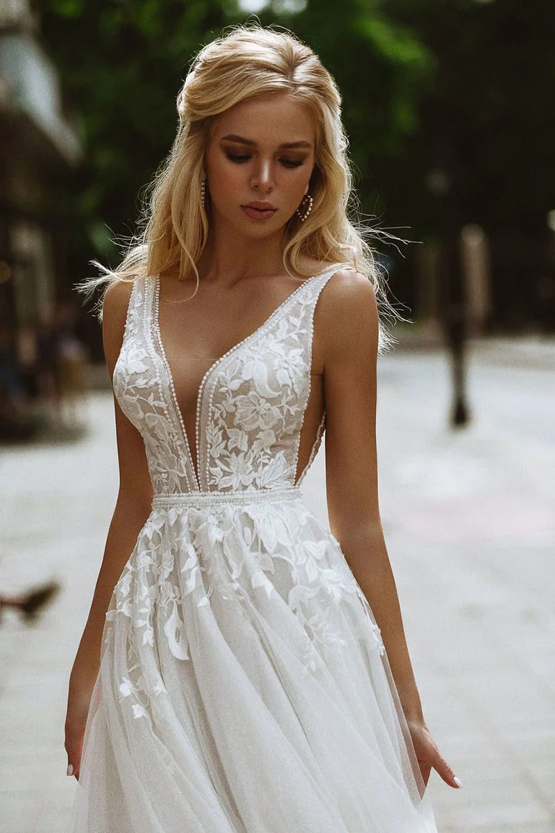 Minimal Deep V Backless Lace Wedding Dress - Image 3
