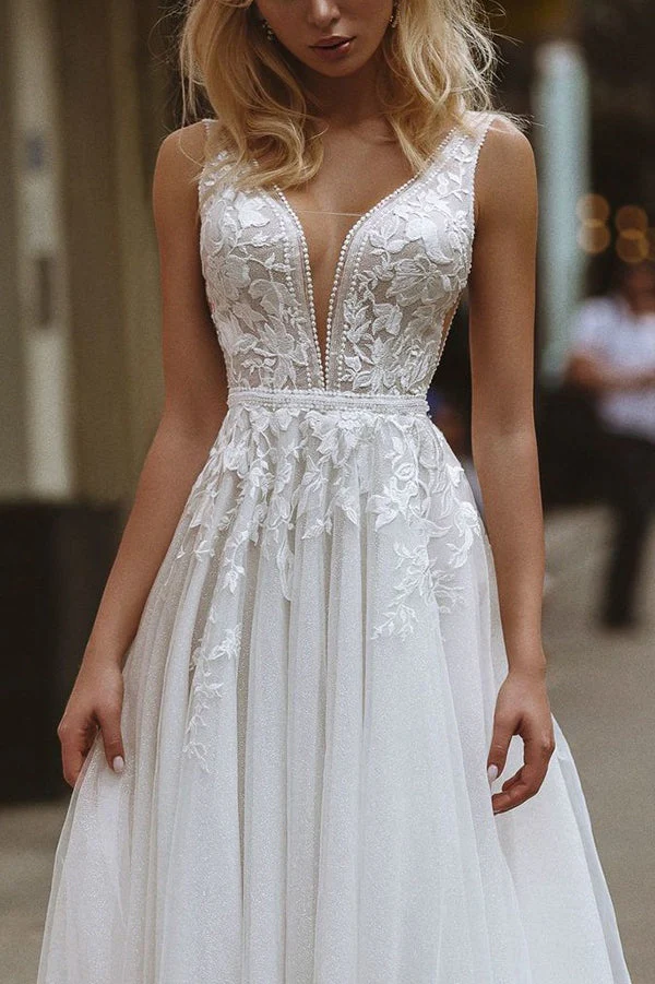 Minimal Deep V Backless Lace Wedding Dress - Image 4