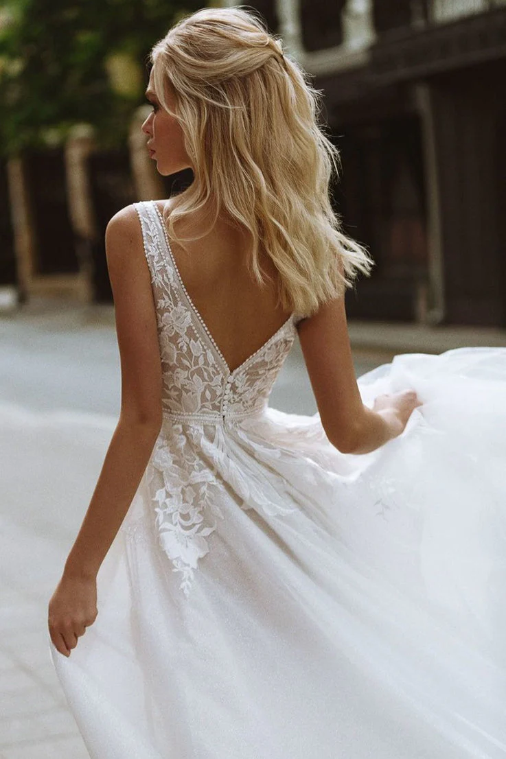 Minimal Deep V Backless Lace Wedding Dress - Image 5