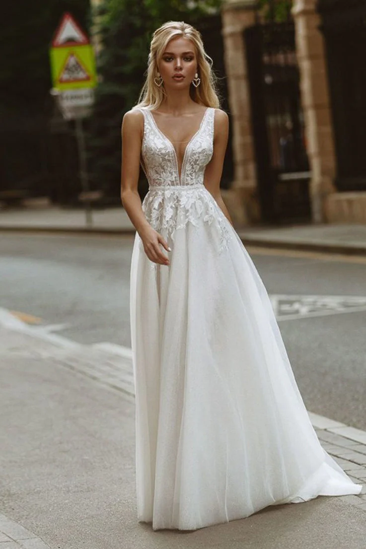 Minimal Deep V Backless Lace Wedding Dress - Image 6