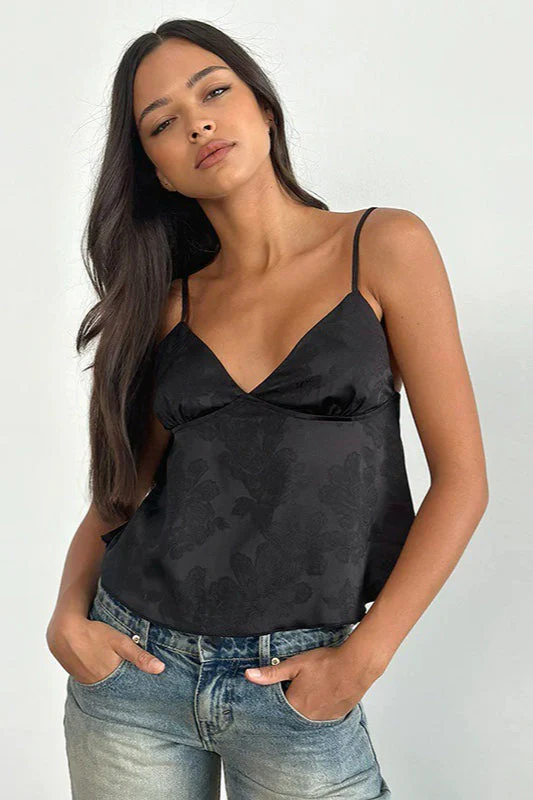 Minimal Deep V Solid Floral Jacquard Cami Top - Image 4