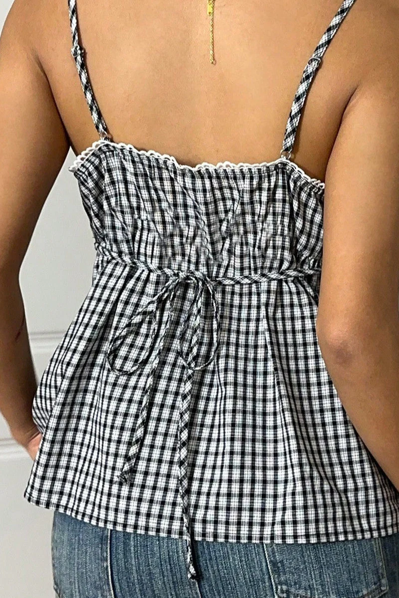 Minimalist Casual Plaid Tie Cami Top - Image 4