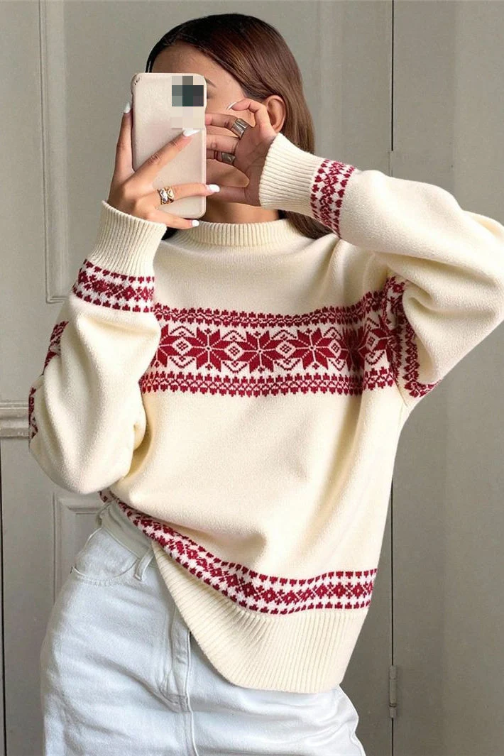 Minimalist Color Block Snowflake Stripe Sweater - Image 3