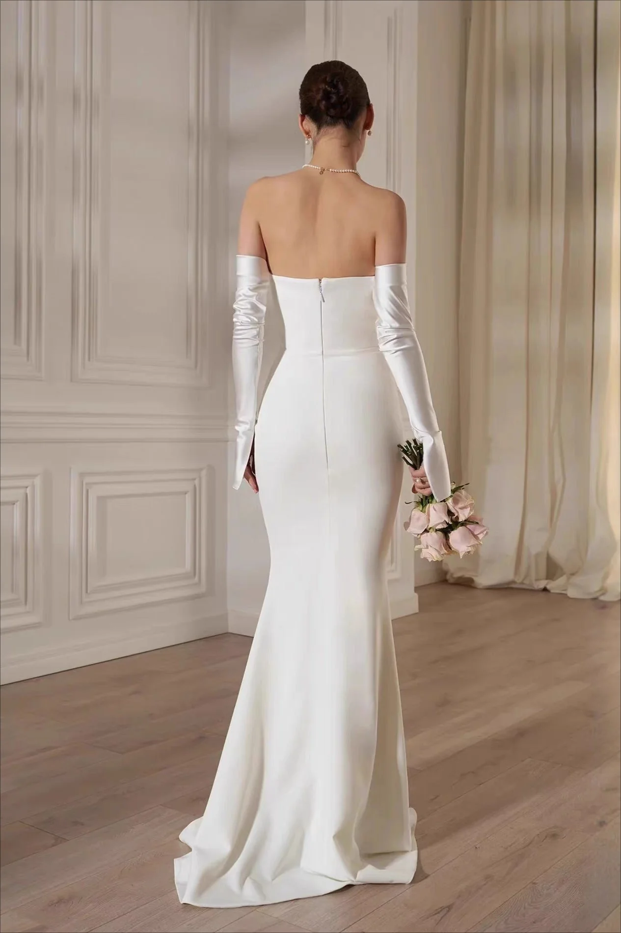 Minimalist Elegant Ruched Satin Mermaid Reception Dress - Image 2