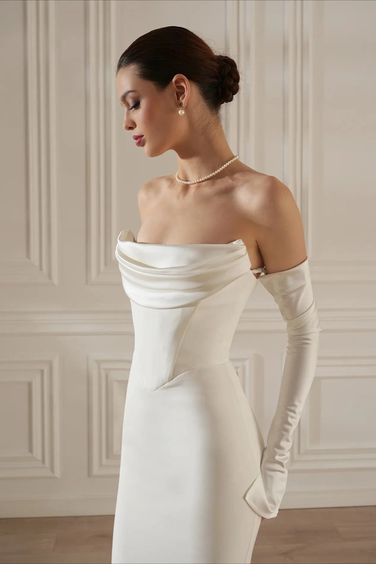 Minimalist Elegant Ruched Satin Mermaid Reception Dress - Image 3