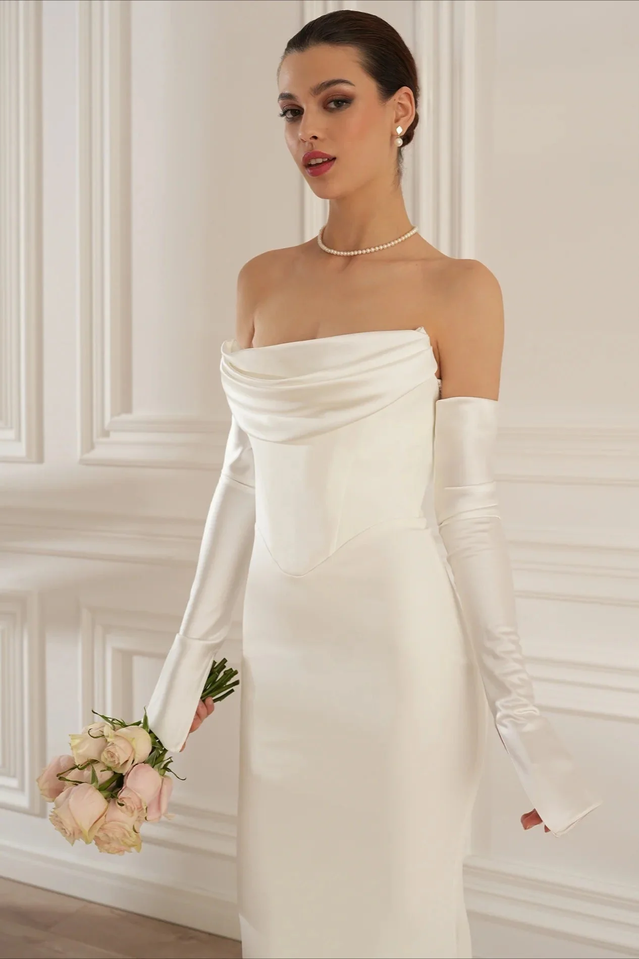 Minimalist Elegant Ruched Satin Mermaid Reception Dress - Image 4