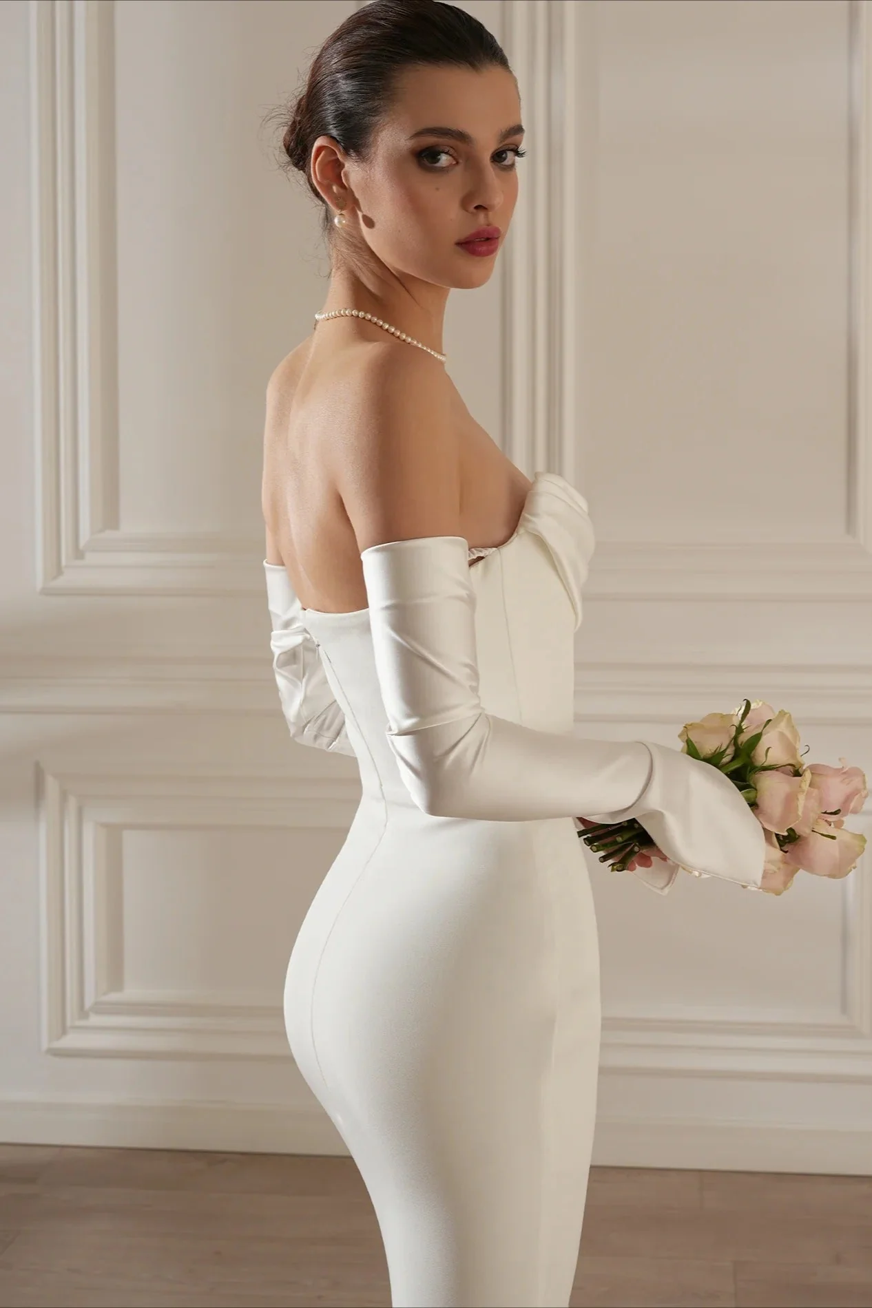 Minimalist Elegant Ruched Satin Mermaid Reception Dress - Image 5
