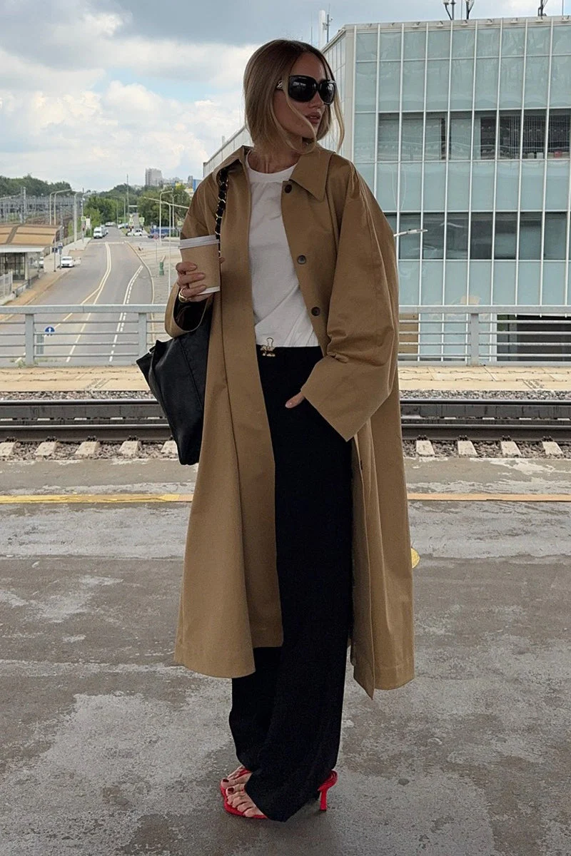 Minimalist Extra-Long Cotton Single-Breasted Lapel Overcoat - Image 4