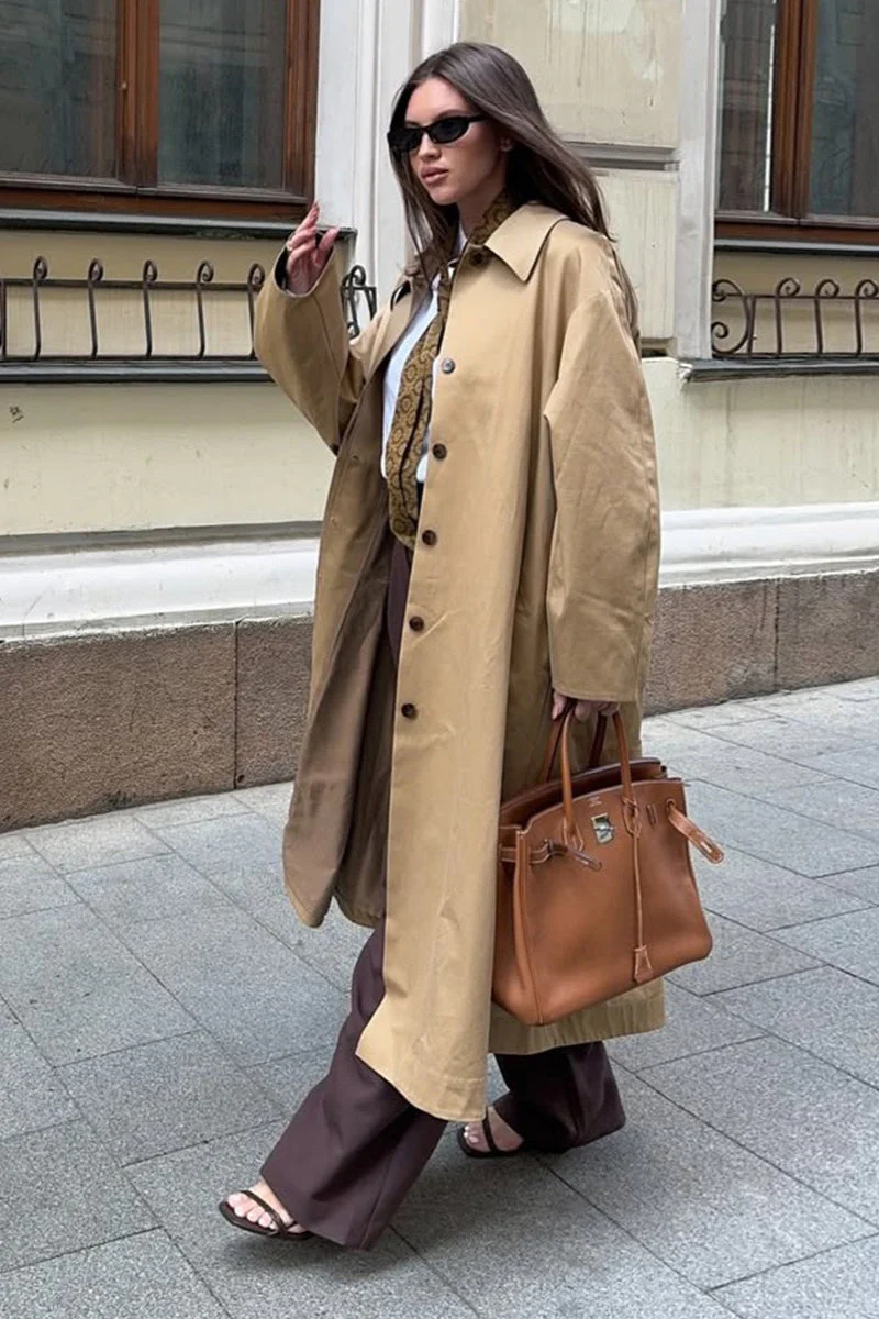 Minimalist Extra-Long Cotton Single-Breasted Lapel Overcoat - Image 5