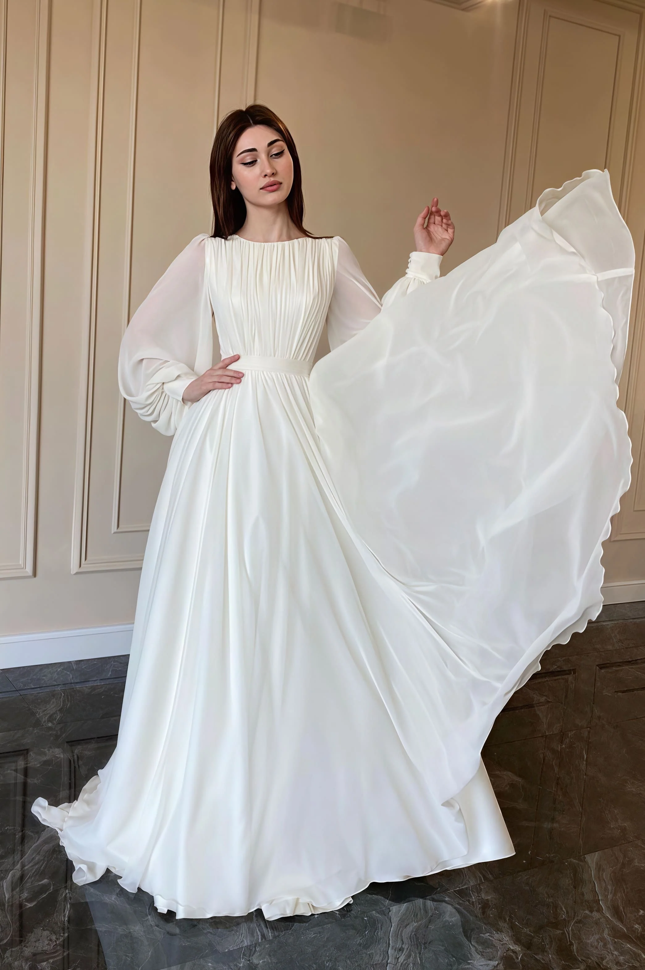 Minimalist Flowy Silky Retro Long Sleeve Reception Dress - Image 2
