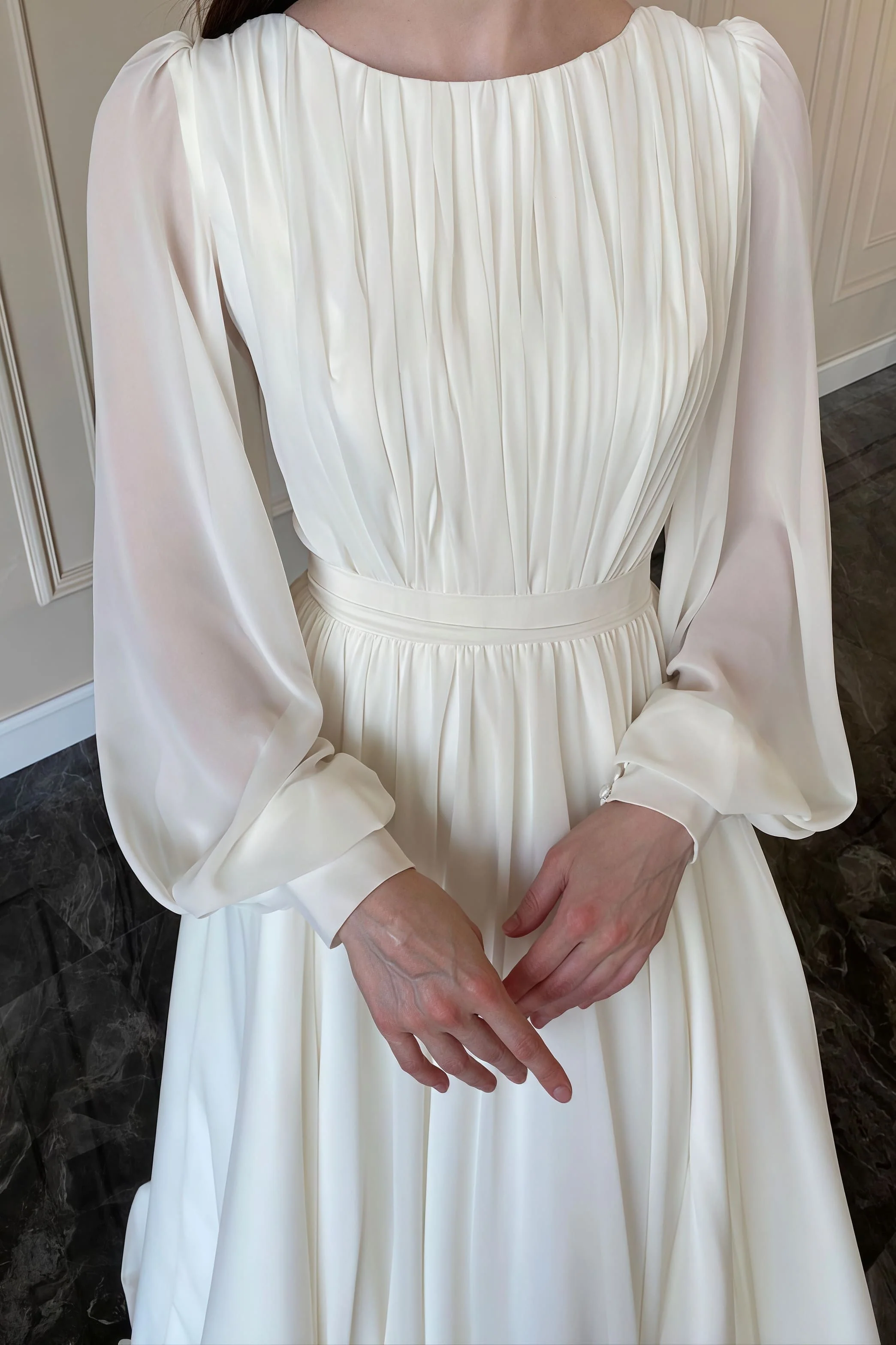 Minimalist Flowy Silky Retro Long Sleeve Reception Dress - Image 3