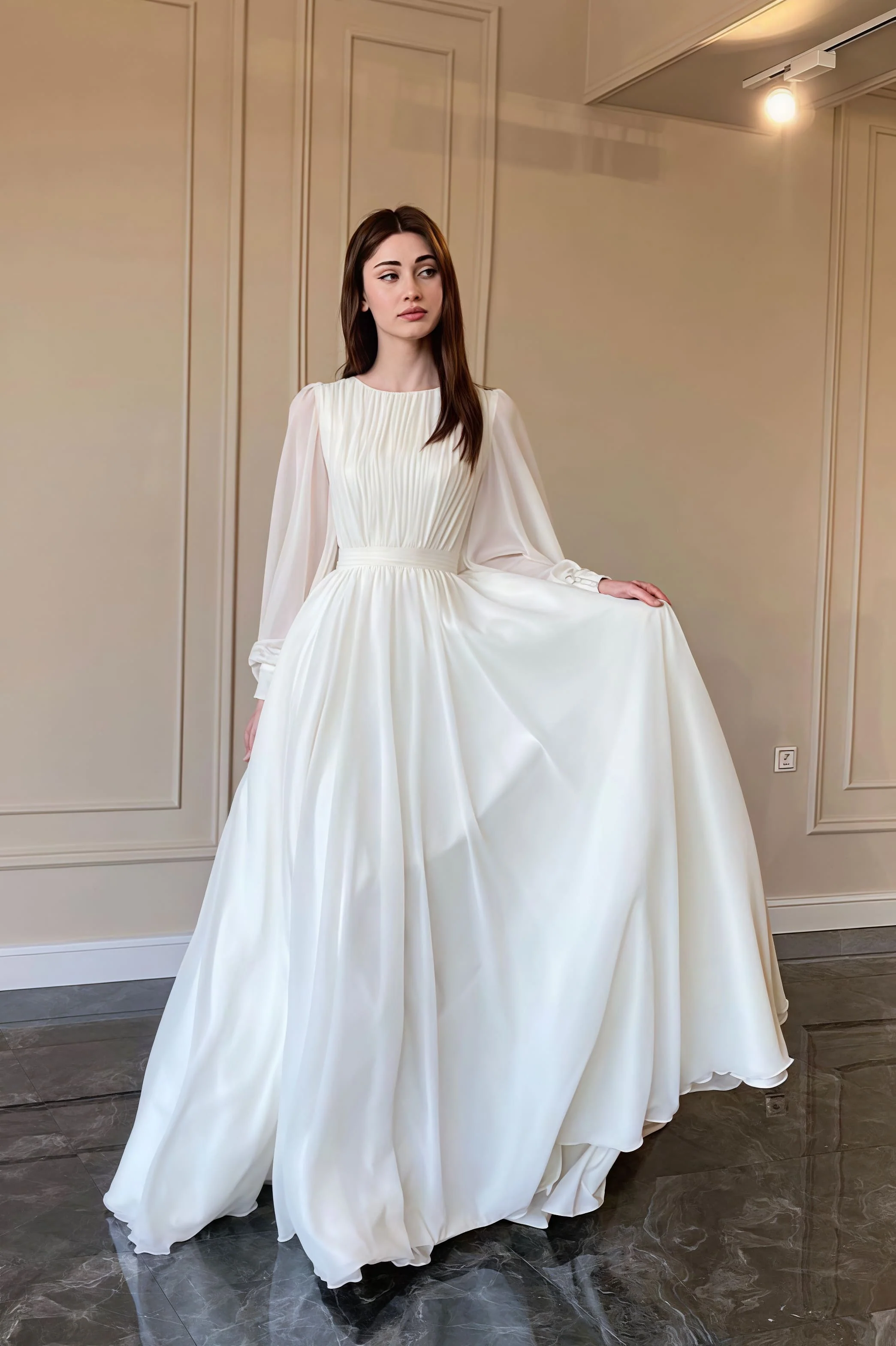 Minimalist Flowy Silky Retro Long Sleeve Reception Dress - Image 4