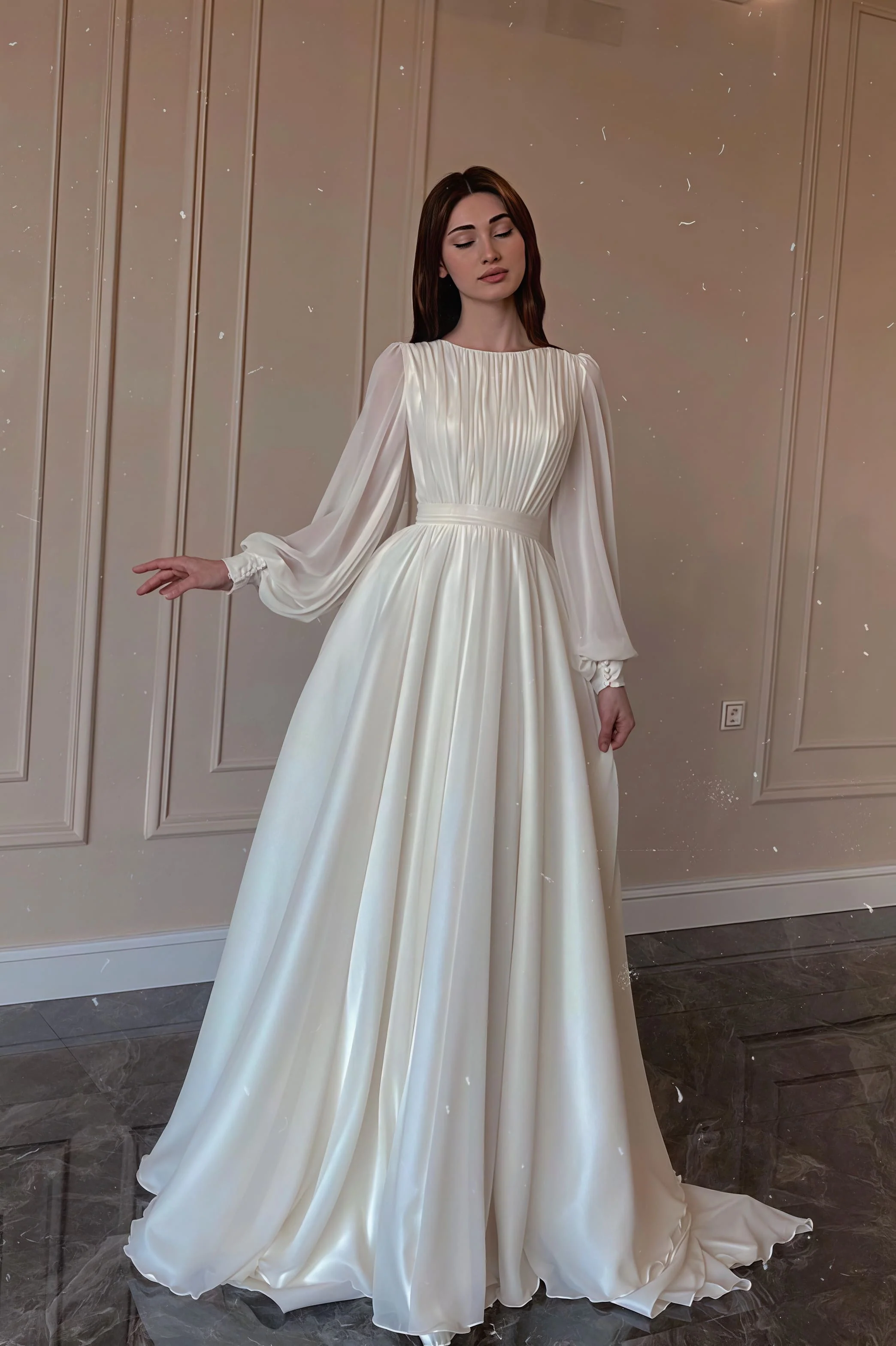 Minimalist Flowy Silky Retro Long Sleeve Reception Dress - Image 5