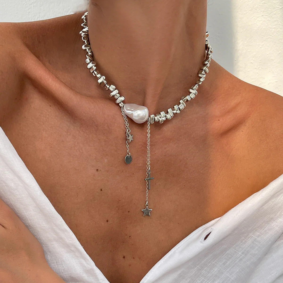 Minimalist Irregular Beaded Star Cross Tassel NeckLace - Image 2