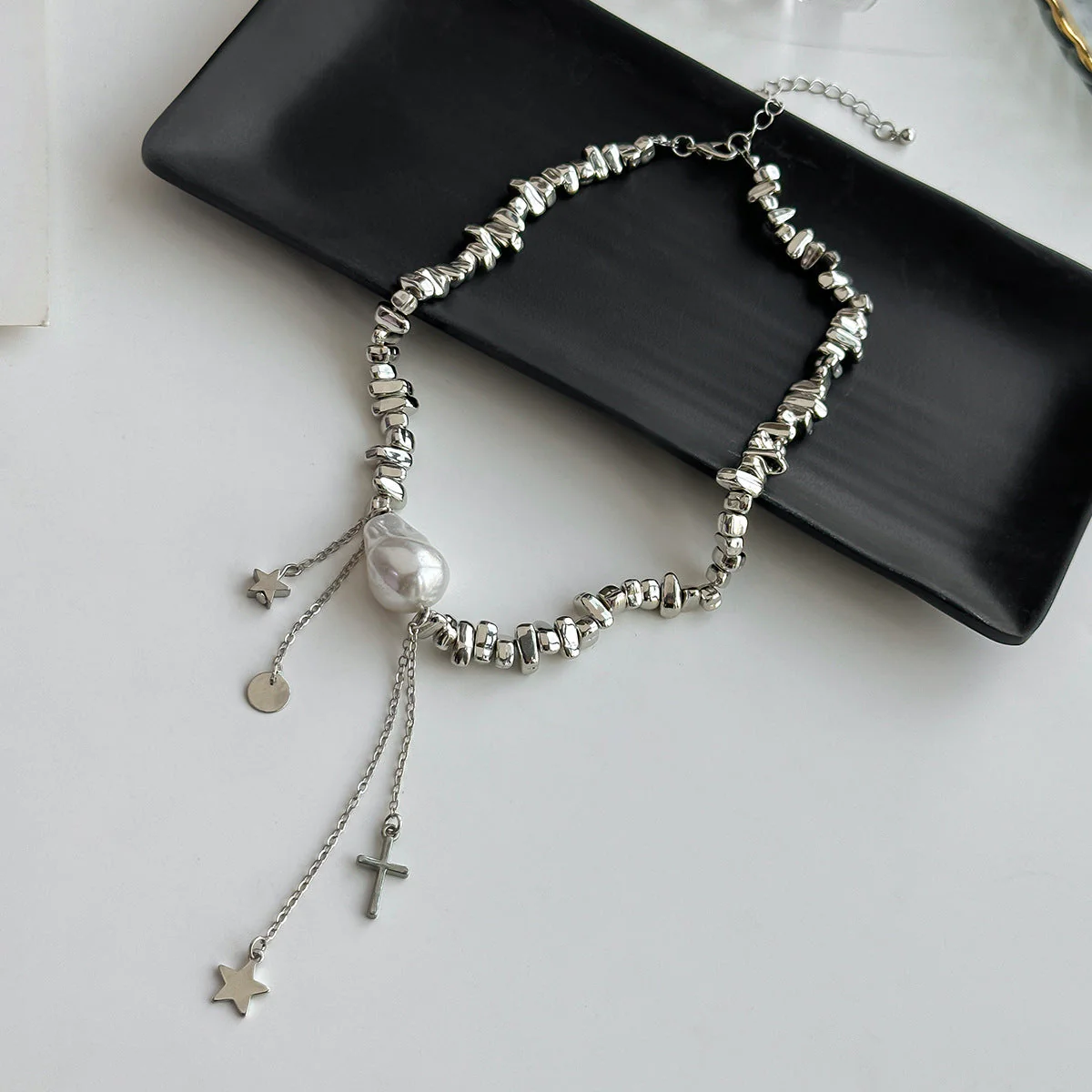 Minimalist Irregular Beaded Star Cross Tassel NeckLace - Image 3