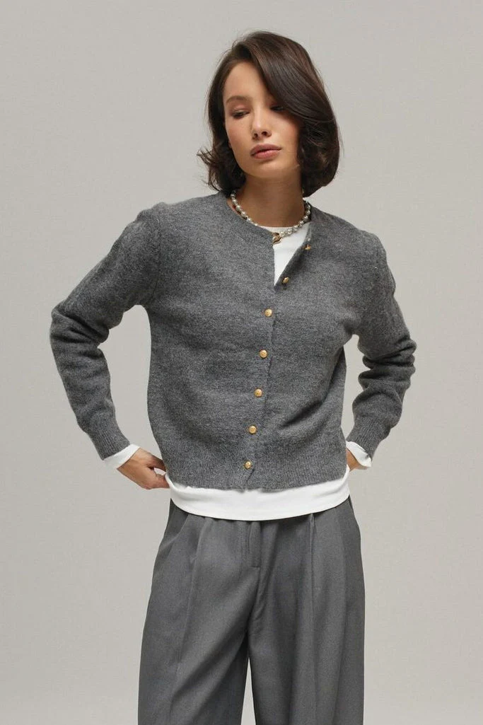 Minimalist Knitted Gold Buckle Crew Neck Cardigan - Image 3