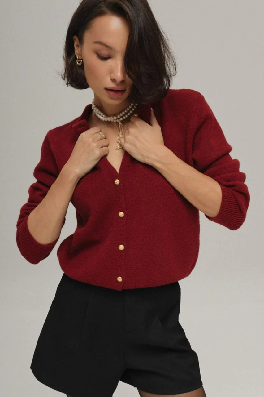 Minimalist Knitted Gold Buckle Crew Neck Cardigan - Image 4