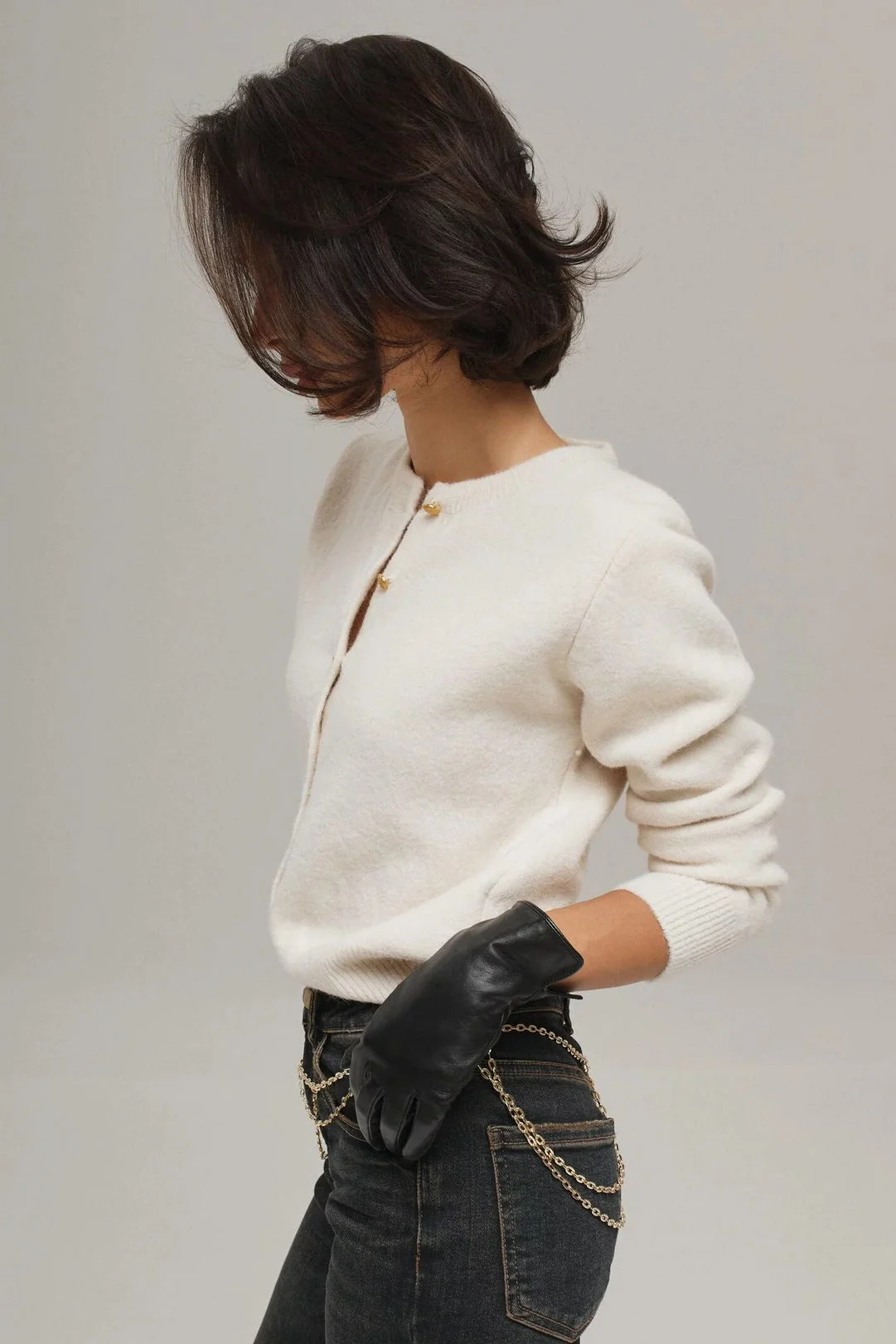 Minimalist Knitted Gold Buckle Crew Neck Cardigan - Image 6