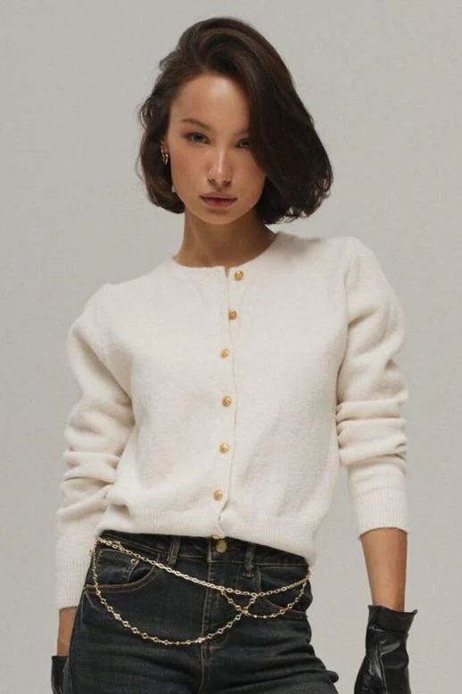Minimalist Knitted Gold Buckle Crew Neck Cardigan - Image 7
