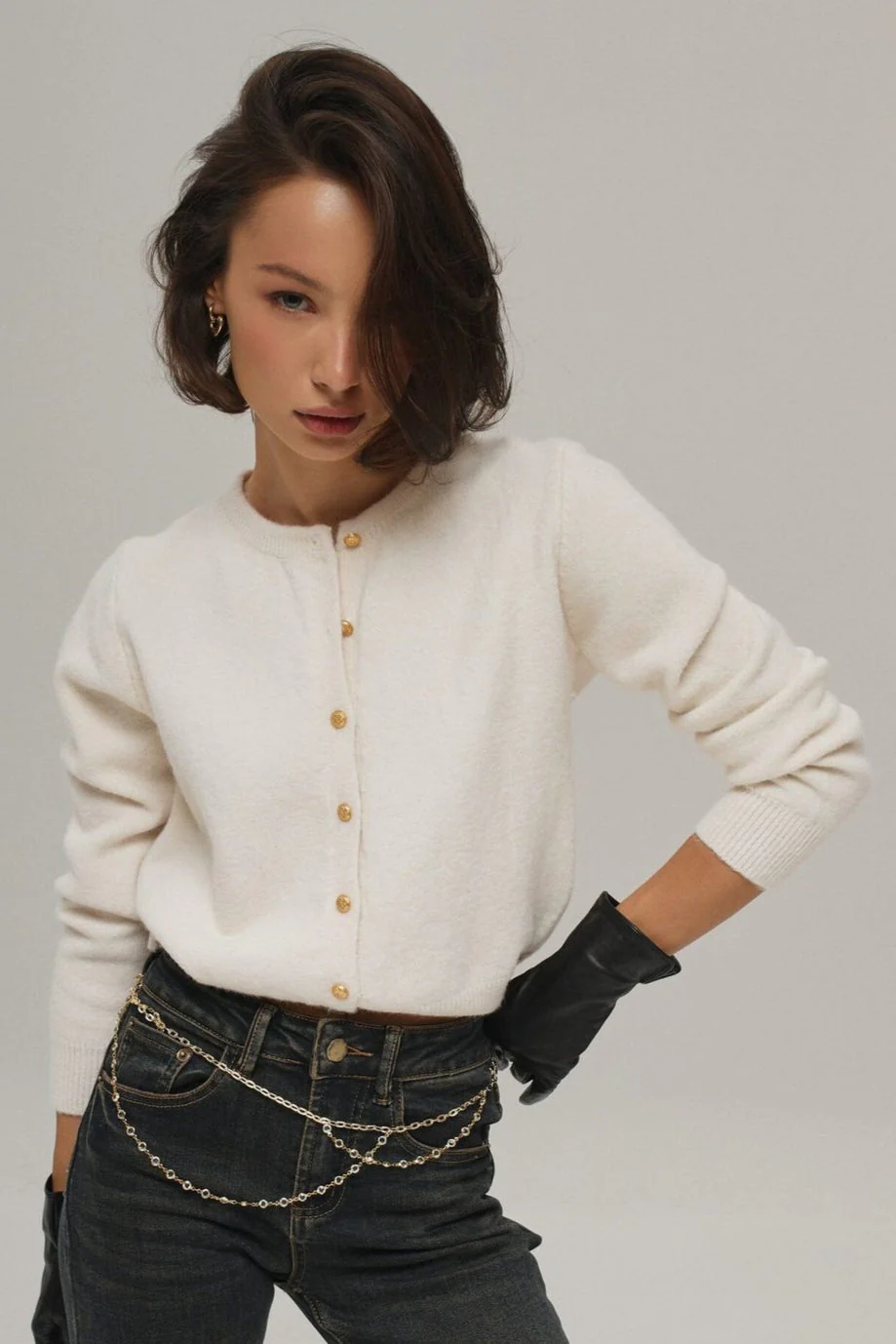 Minimalist Knitted Gold Buckle Crew Neck Cardigan - Image 8