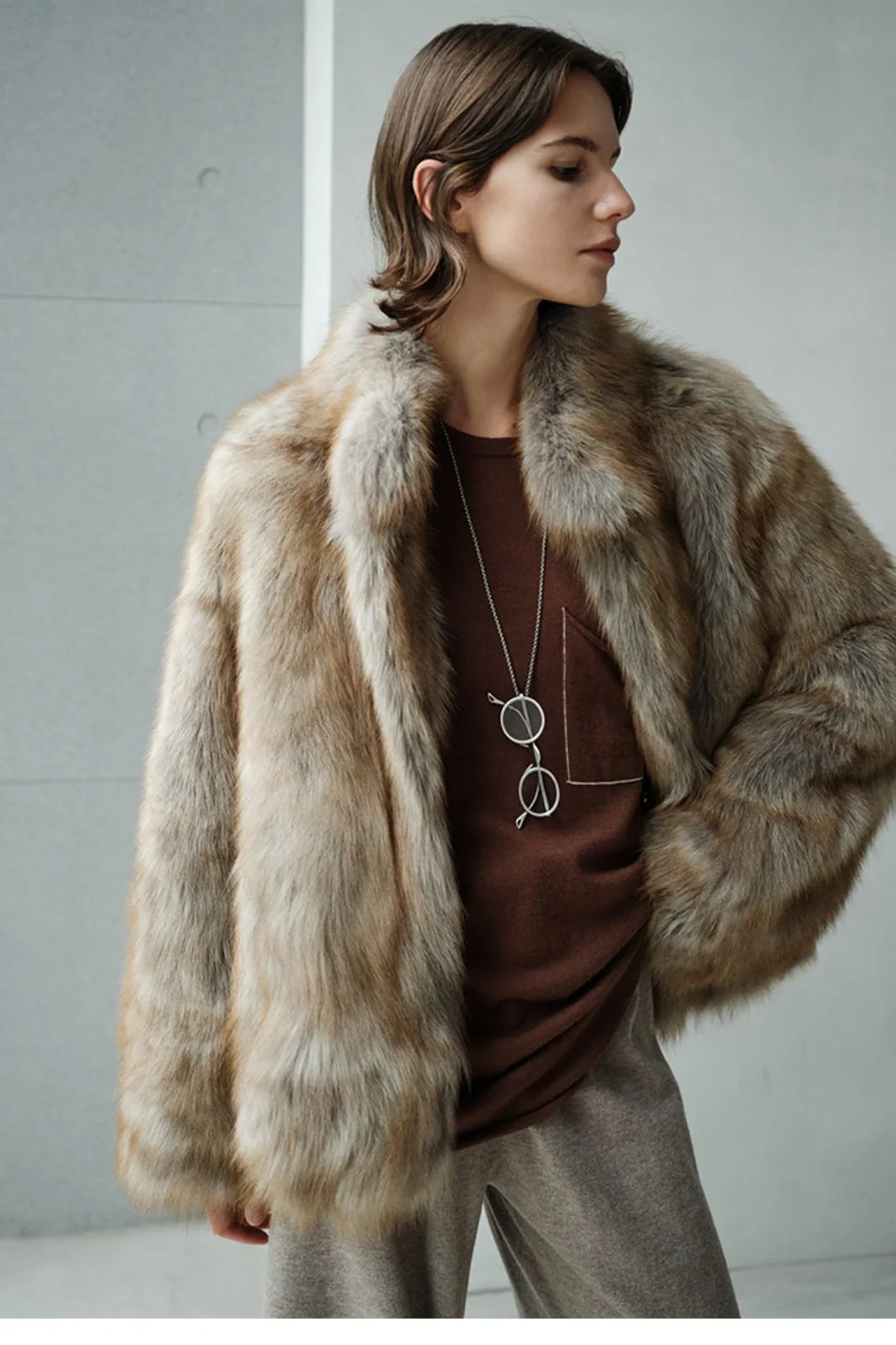 Minimalist Mid-Length Faux Fur Stand Collar Coat - Image 11