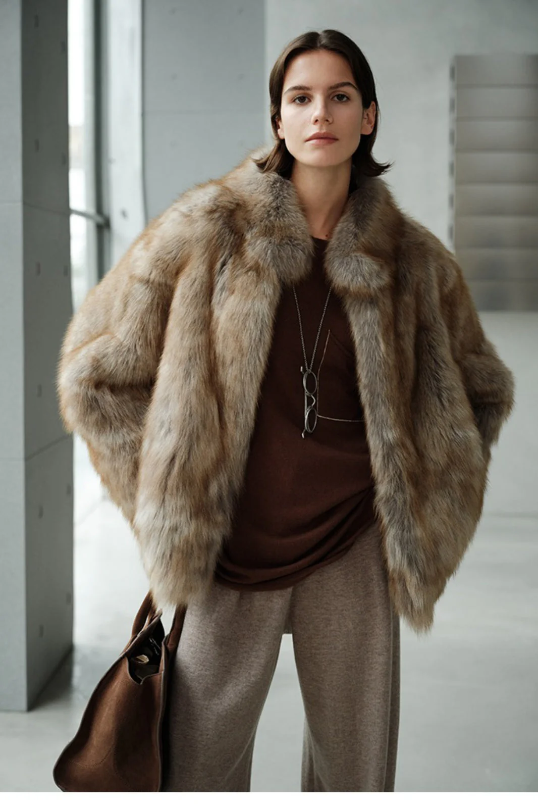 Minimalist Mid-Length Faux Fur Stand Collar Coat - Image 12