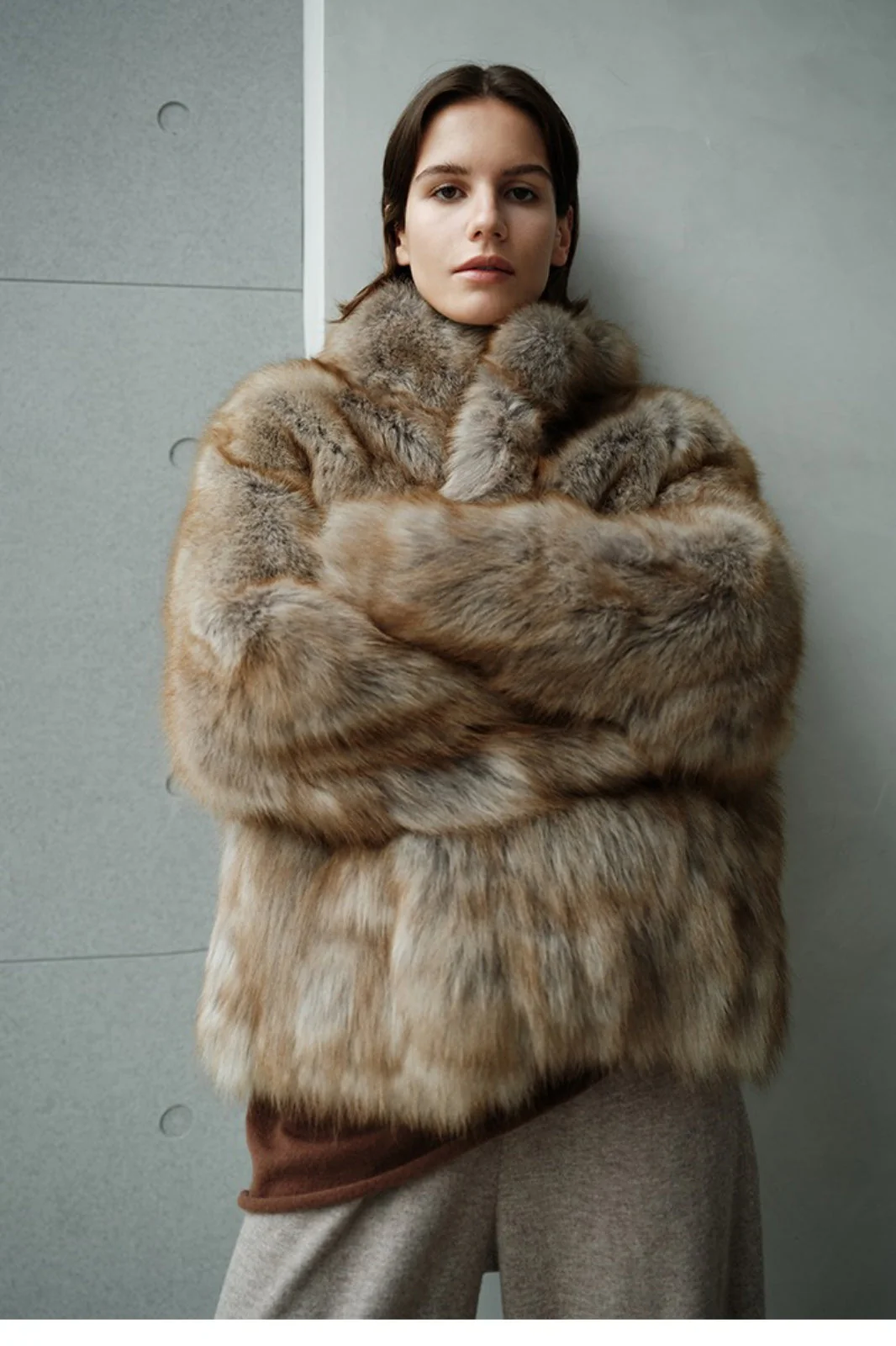 Minimalist Mid-Length Faux Fur Stand Collar Coat - Image 13
