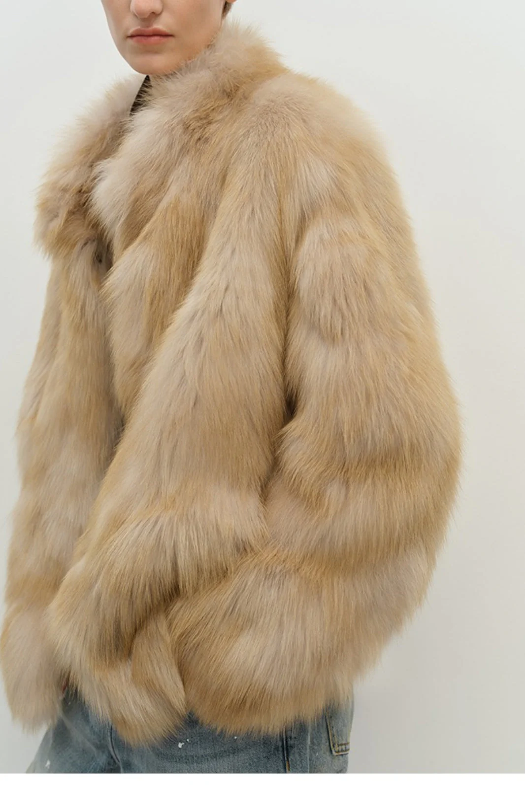 Minimalist Mid-Length Faux Fur Stand Collar Coat - Image 3