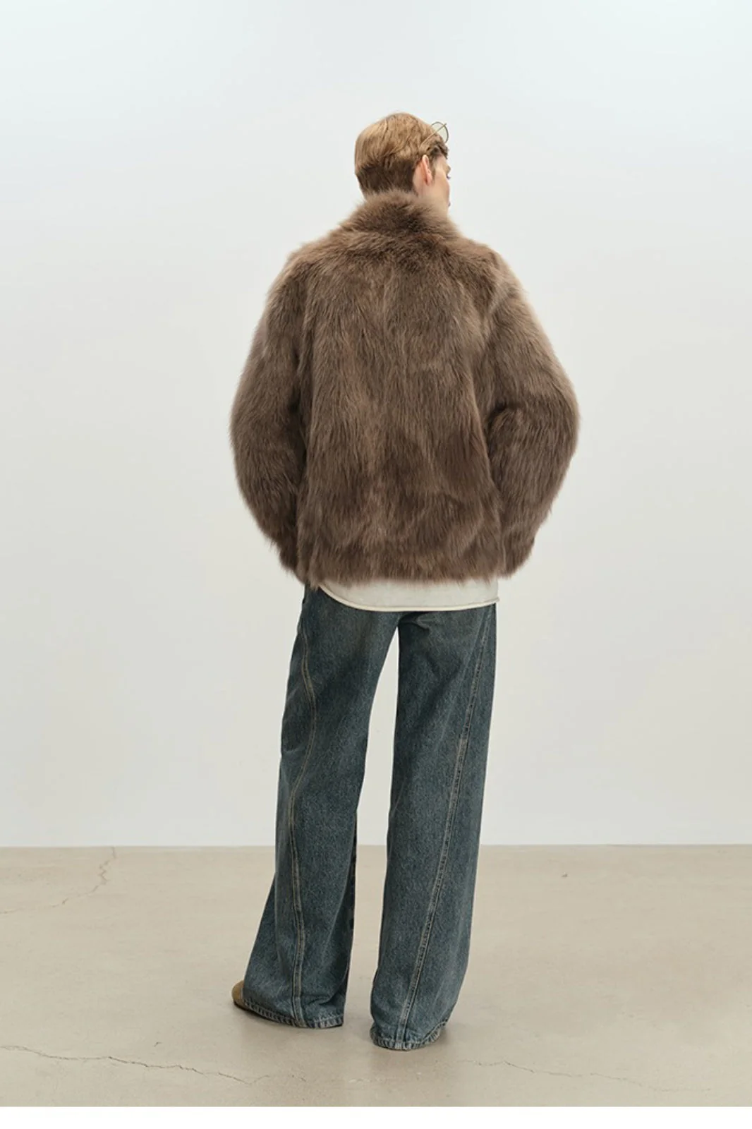 Minimalist Mid-Length Faux Fur Stand Collar Coat - Image 7