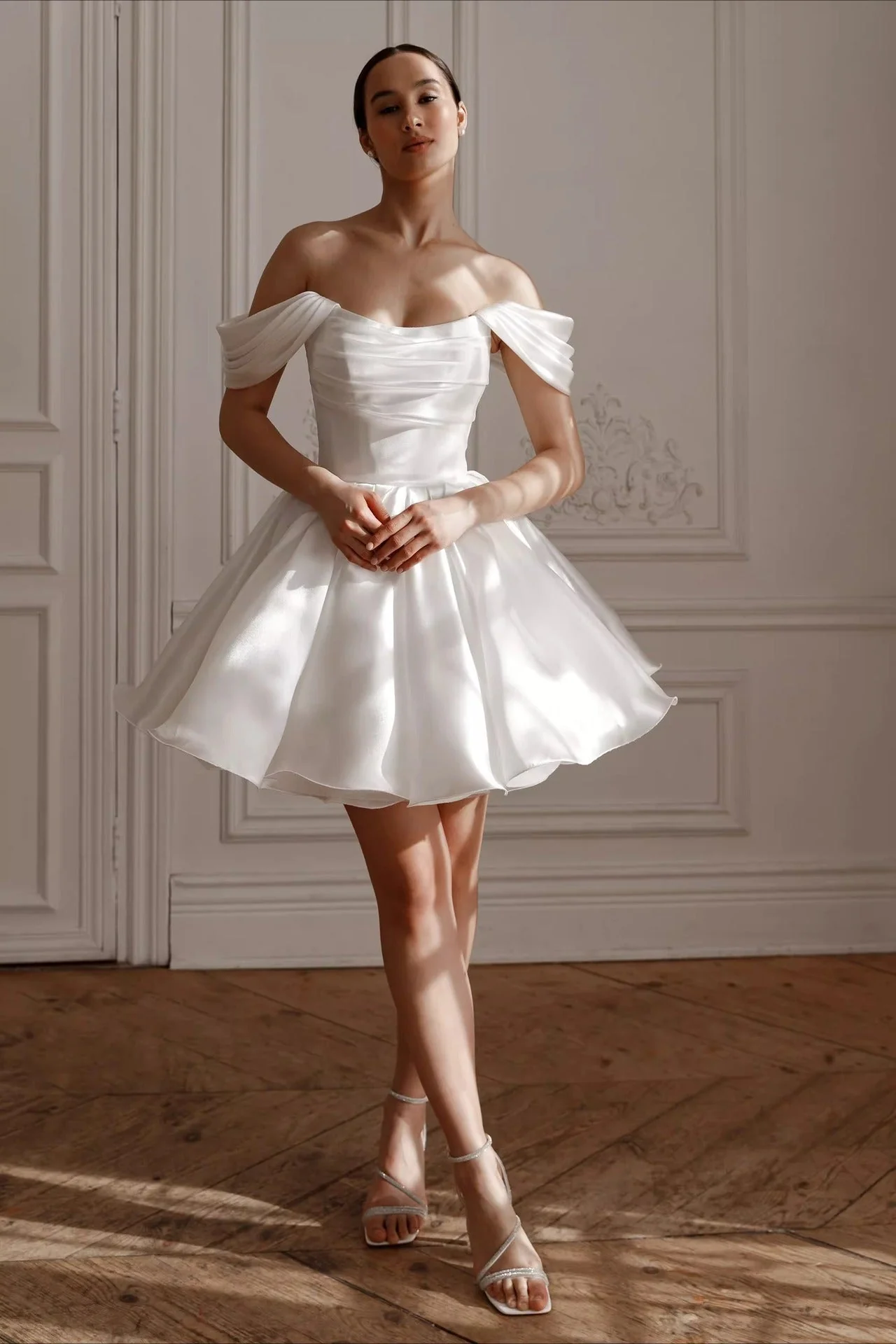 Minimalist Off Shoulder Tie Back Tulle Reception Dress - Image 2