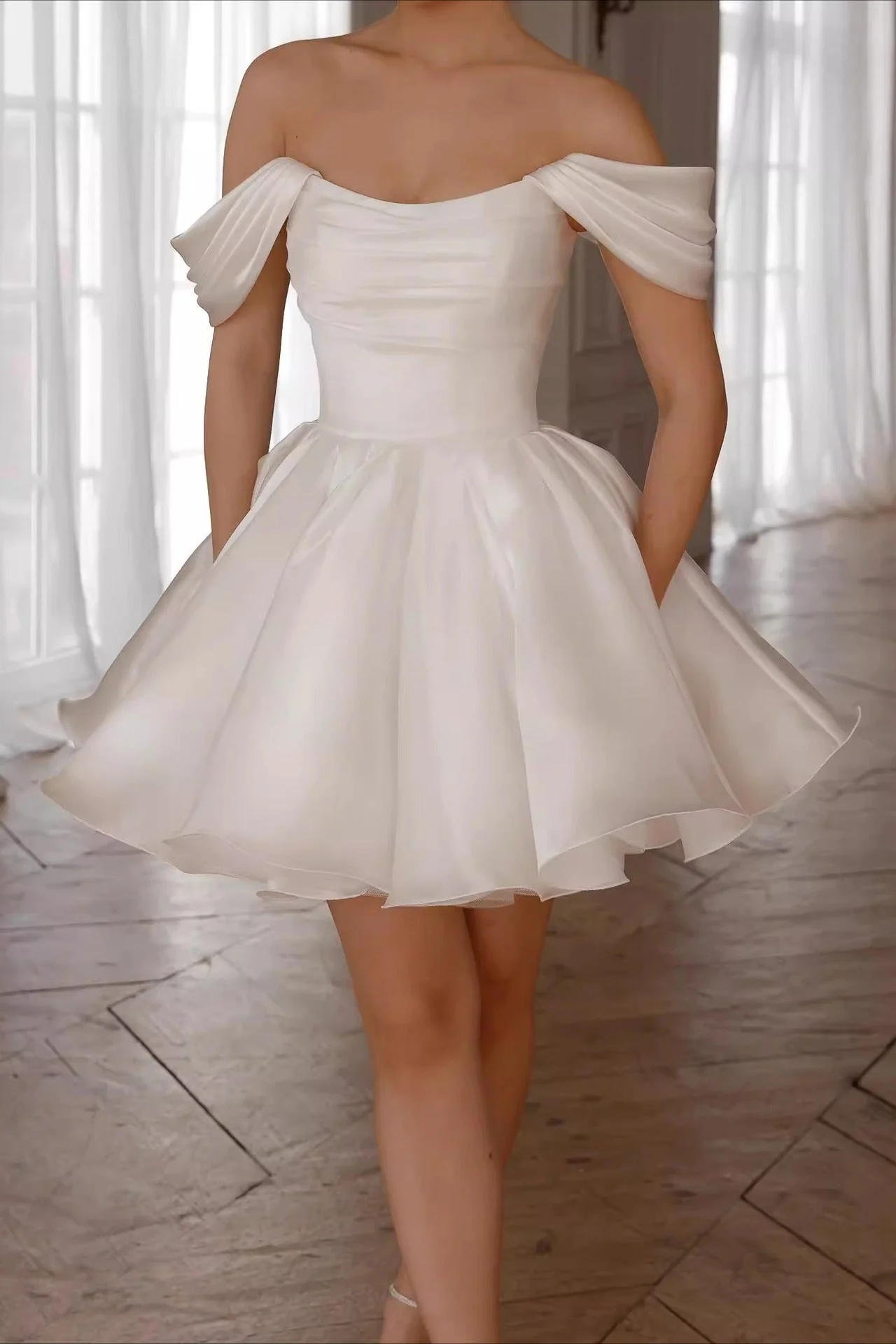 Minimalist Off Shoulder Tie Back Tulle Reception Dress - Image 5