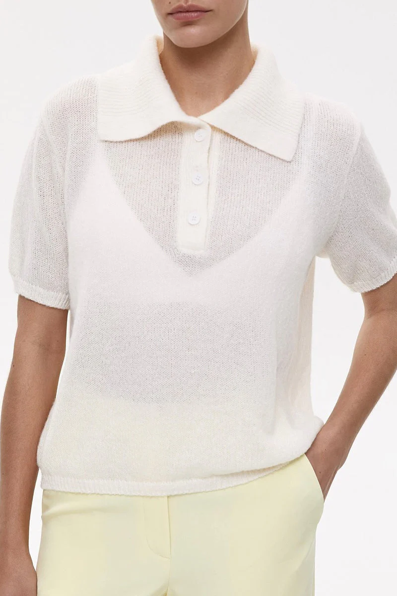 Minimalist Polo Hollow Knit Puff Sleeve Blouse - Image 10