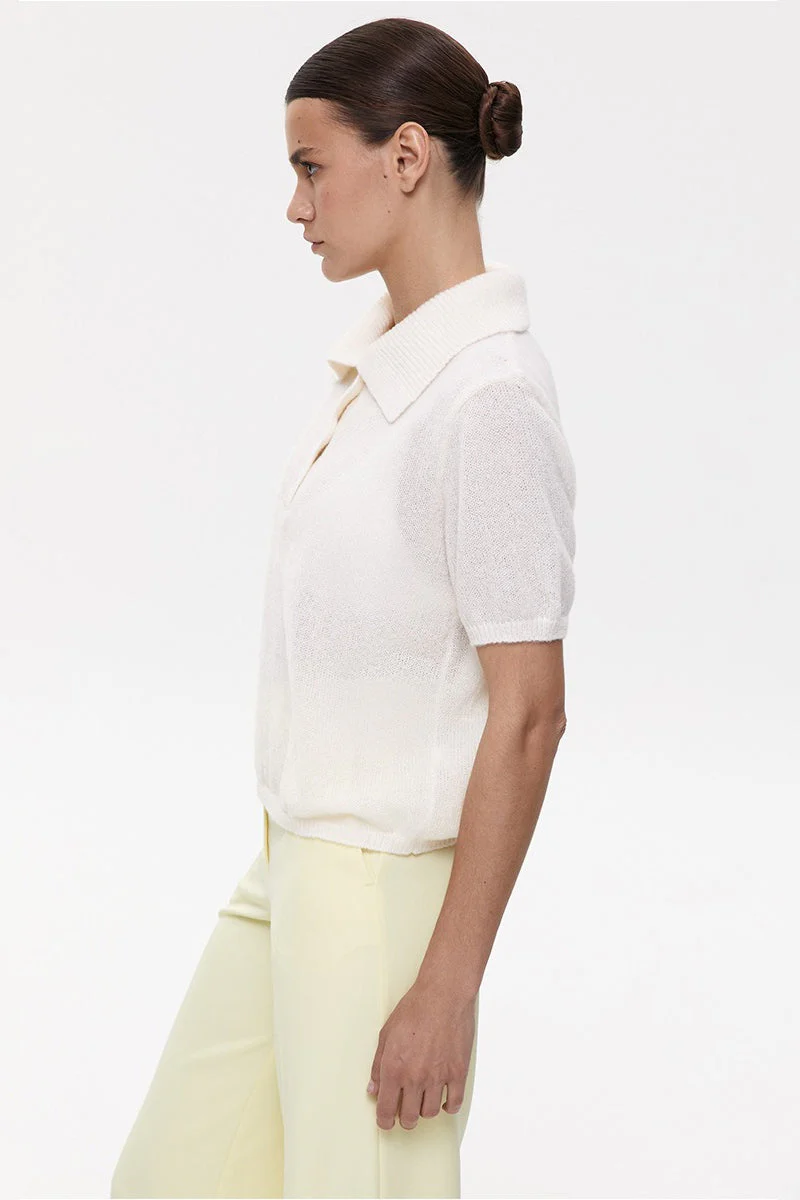 Minimalist Polo Hollow Knit Puff Sleeve Blouse - Image 11