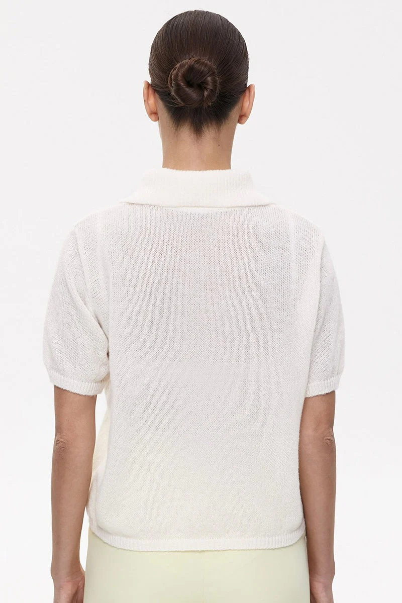 Minimalist Polo Hollow Knit Puff Sleeve Blouse - Image 12