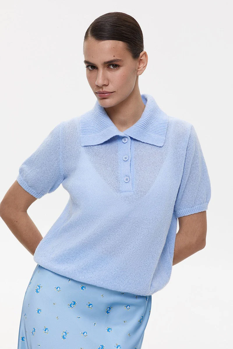 Minimalist Polo Hollow Knit Puff Sleeve Blouse - Image 15