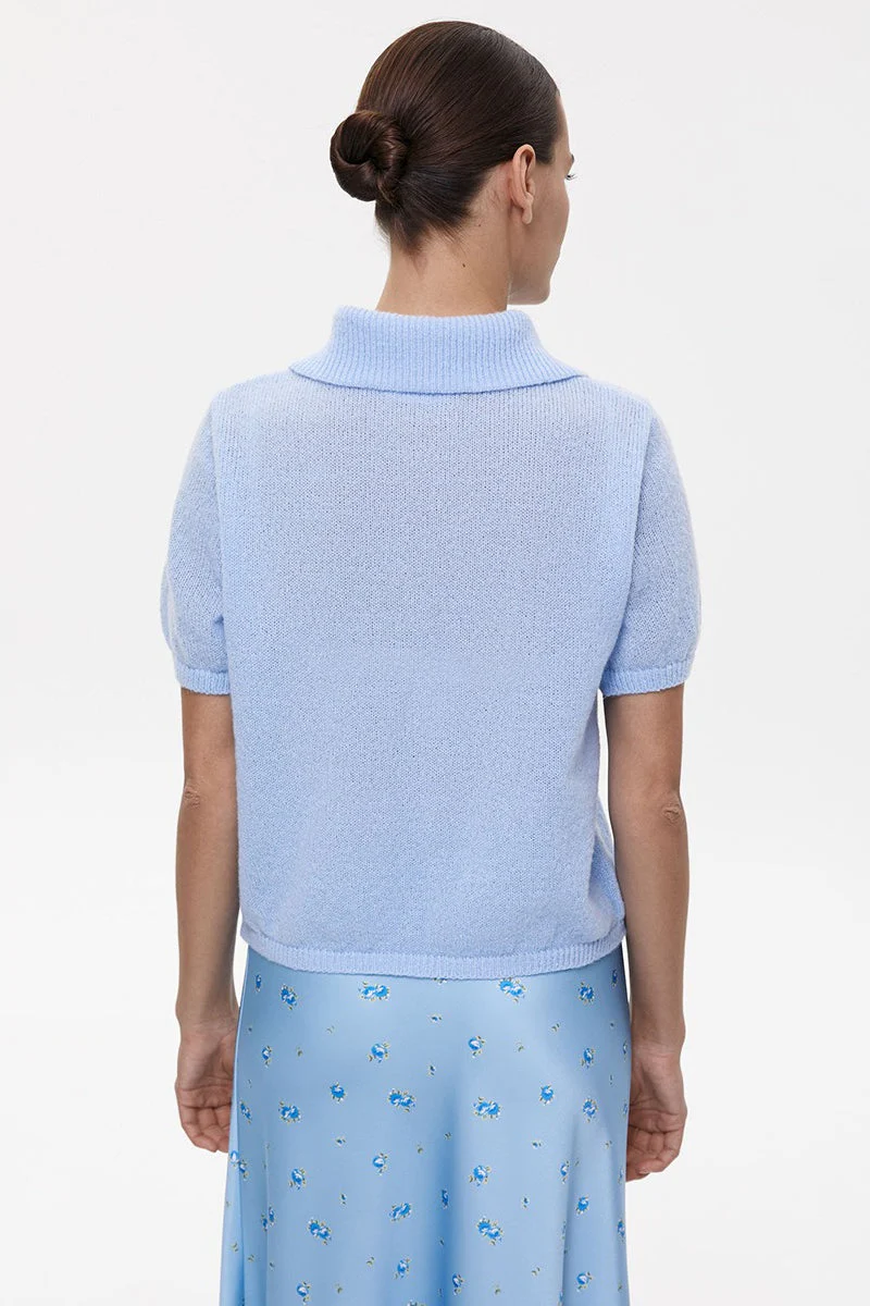Minimalist Polo Hollow Knit Puff Sleeve Blouse - Image 16