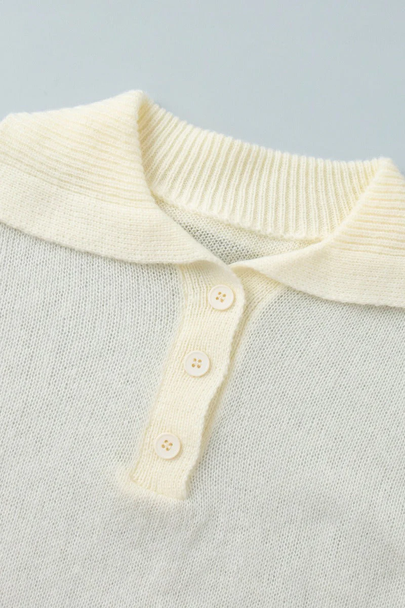 Minimalist Polo Hollow Knit Puff Sleeve Blouse - Image 3