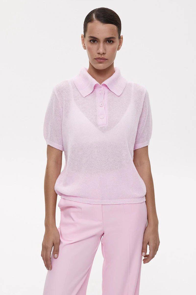 Minimalist Polo Hollow Knit Puff Sleeve Blouse - Image 6