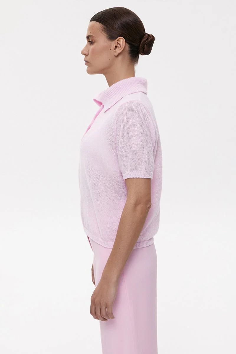 Minimalist Polo Hollow Knit Puff Sleeve Blouse - Image 7