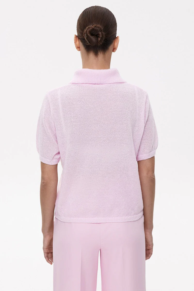 Minimalist Polo Hollow Knit Puff Sleeve Blouse - Image 8