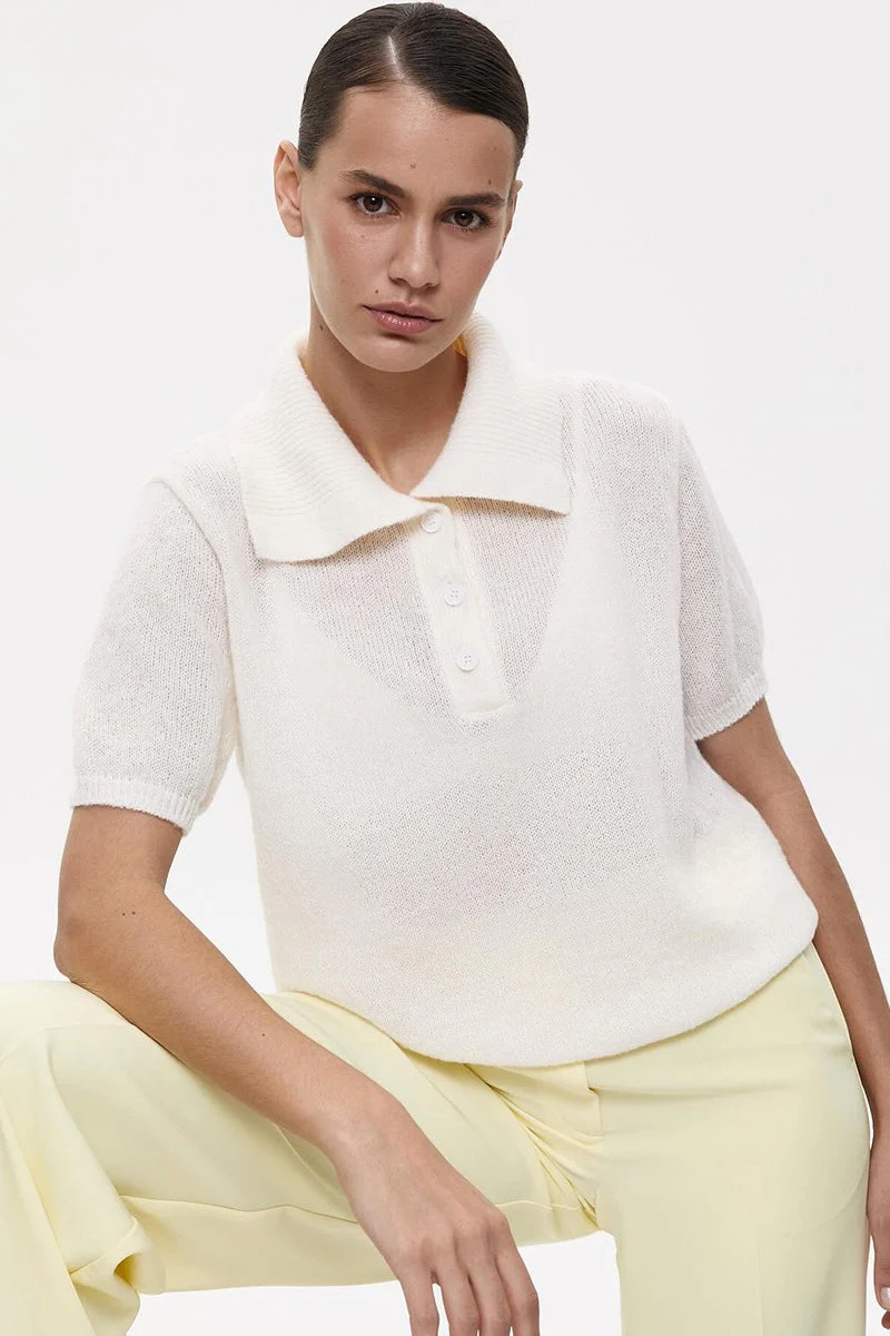 Minimalist Polo Hollow Knit Puff Sleeve Blouse - Image 9