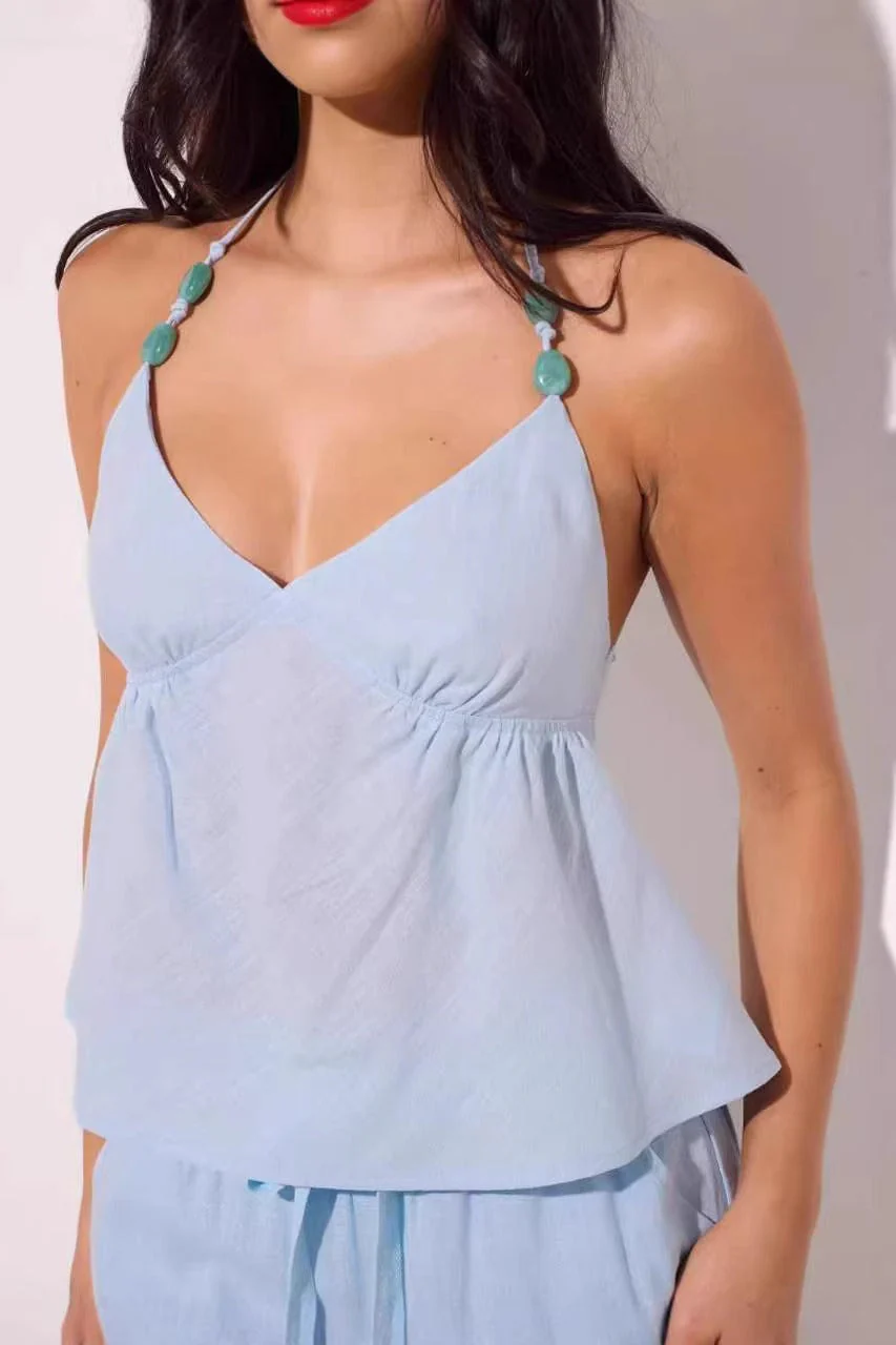 Minimalist Sexy Solid Beaded Halter Top - Image 10